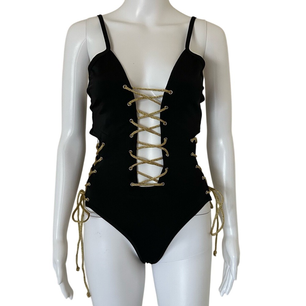 Elegant moments Black & Gold Lace up Monokini - OS